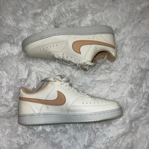 Nike Court Vision Low Basic White and Neutral Sneakers Tan Swoosh - Picture 4 of 6